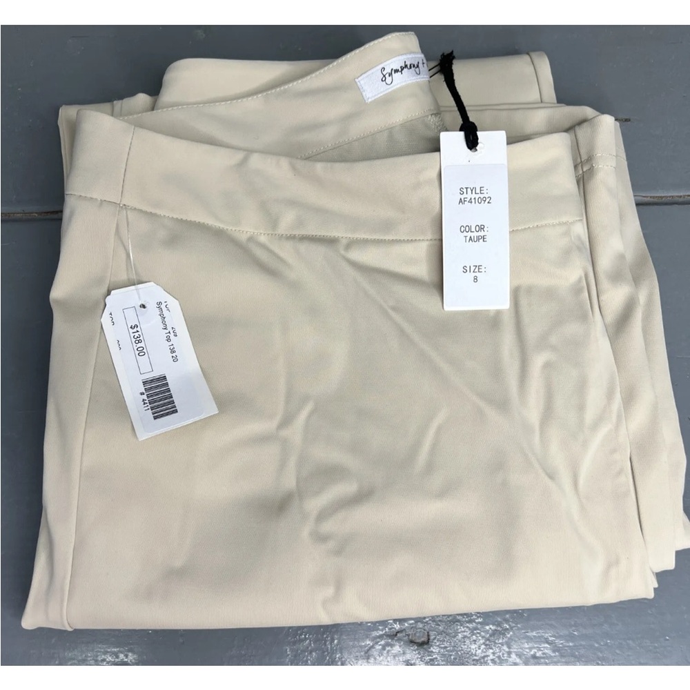 Symphony & Note Womens Side Zip Pull on Flared Leg Mid Rise Pants Taupe Sz 8 NWT